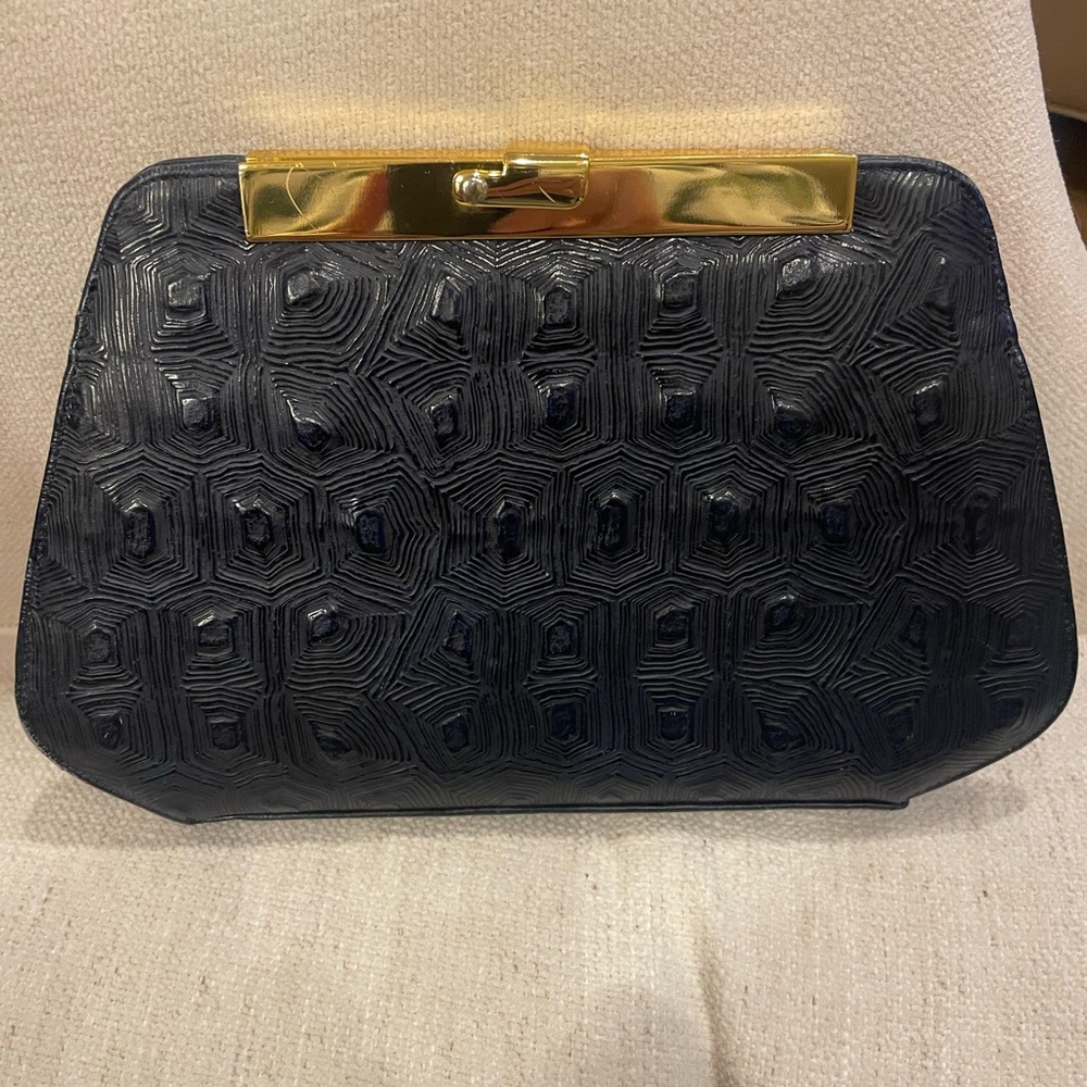Textured Navy Clutch with Gold Clasp
